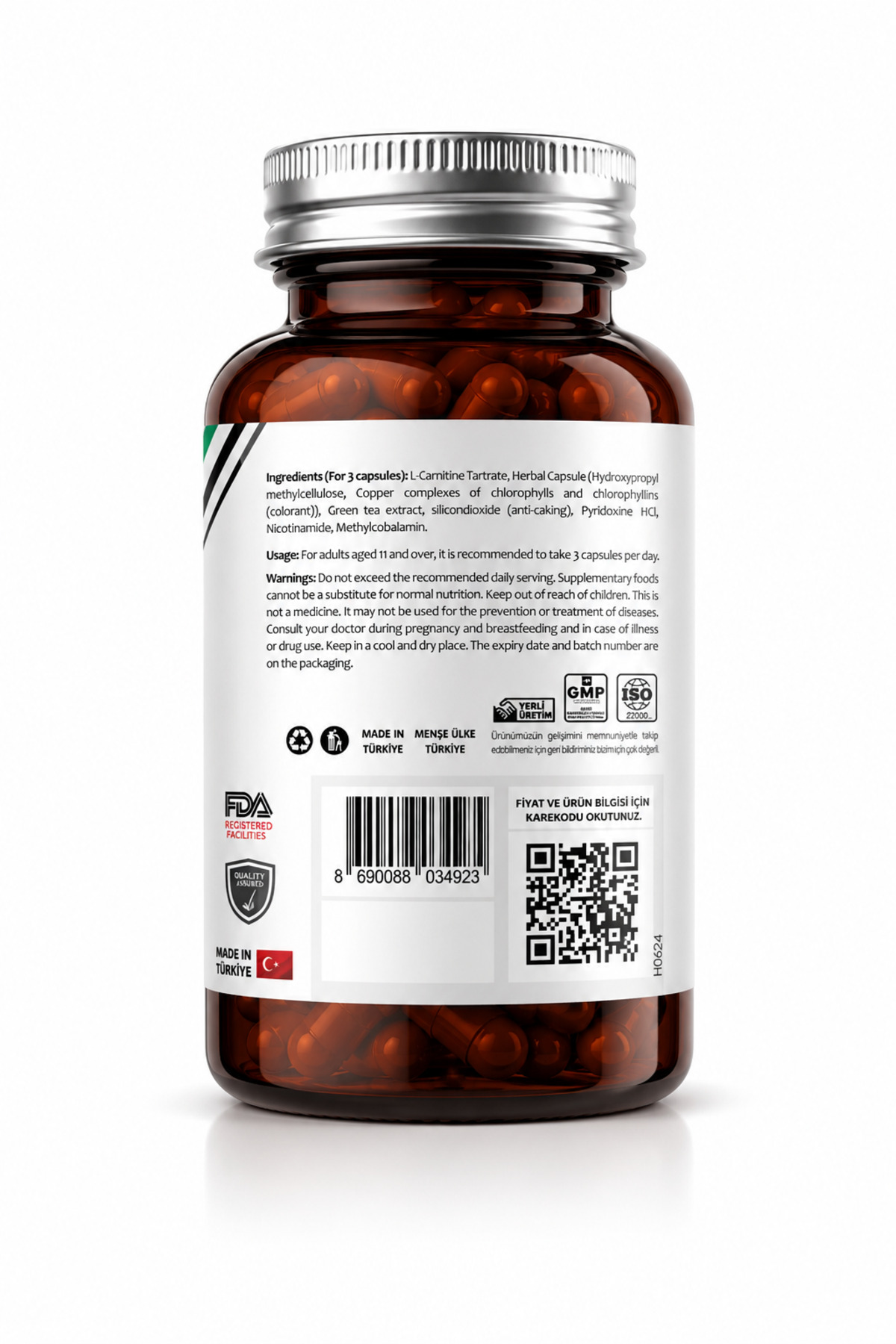 L-Carnitine 1500 mg 60 Kapsül | Yeşil Çay Ekstresi + B3 B6 B12 Vitaminli L-Karnitin Takviyesi