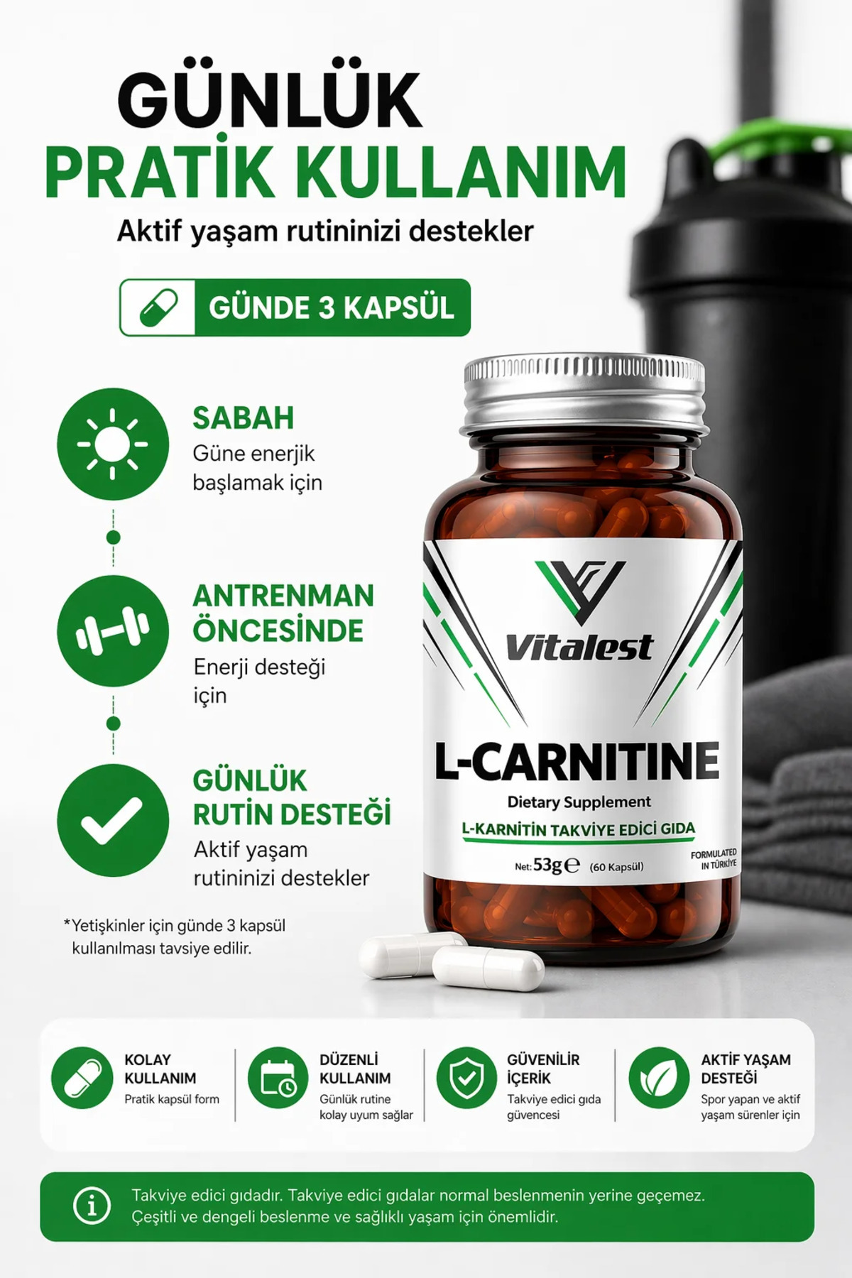 L-Carnitine 1500 mg 60 Kapsül | Yeşil Çay Ekstresi + B3 B6 B12 Vitaminli L-Karnitin Takviyesi