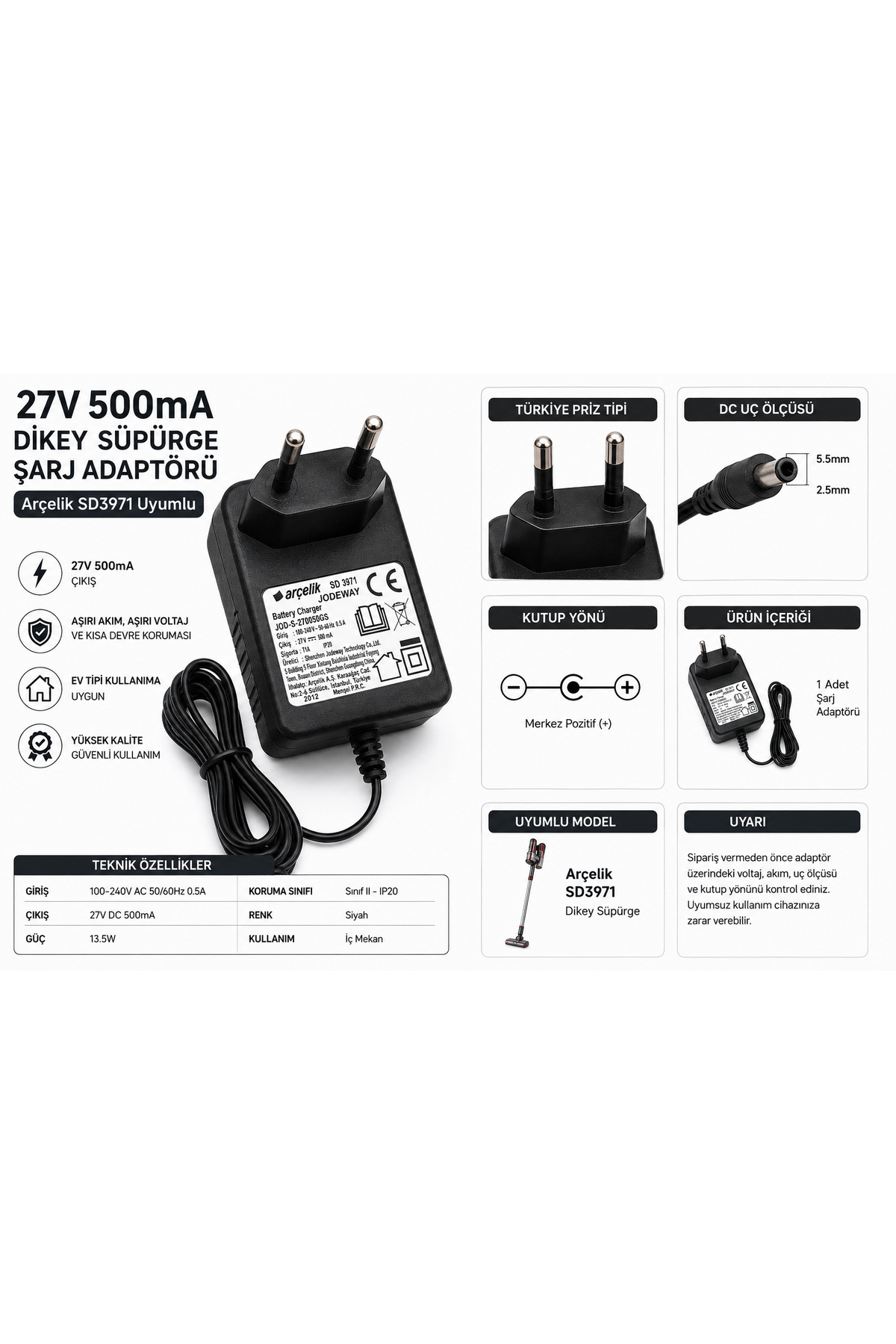 SD3971 Uyumlu 27V 500mA Dikey Süpürge Şarj Adaptörü – JOD-S-270050GS