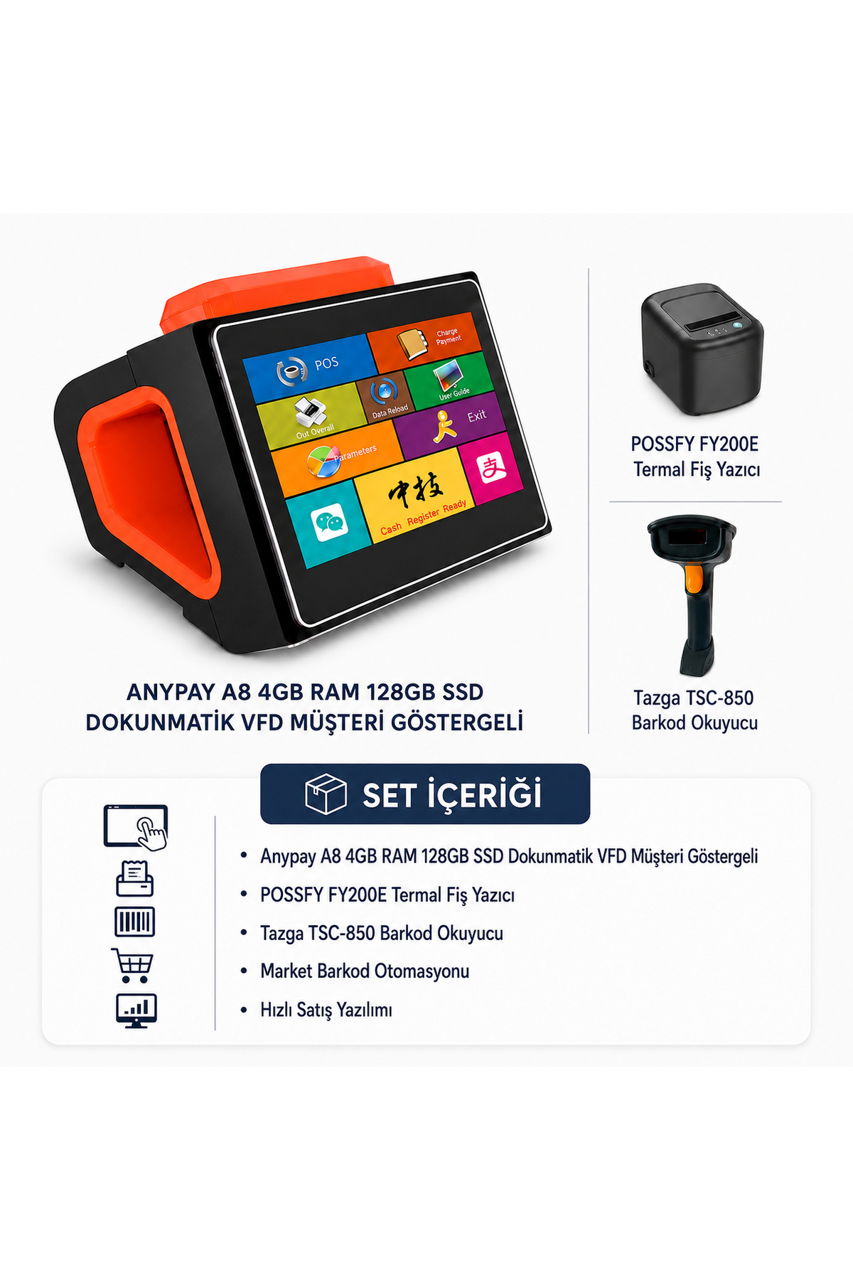 A8 4GB RAM 128GB SSD Dokunmatik VFD Müşteri Göstergeli Market Barkod Otomasyon Seti