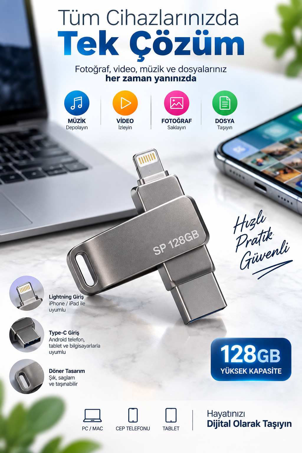 Çoklu Girişli 128GB Lightning Type C USB Flash Bellek Telefon Tablet ve Bilgisayar Uyumlu