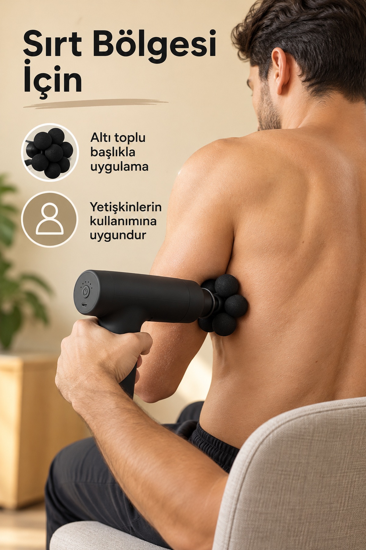 El Tipi Masaj Tabancası Top Başlıklı Siyah Gövde