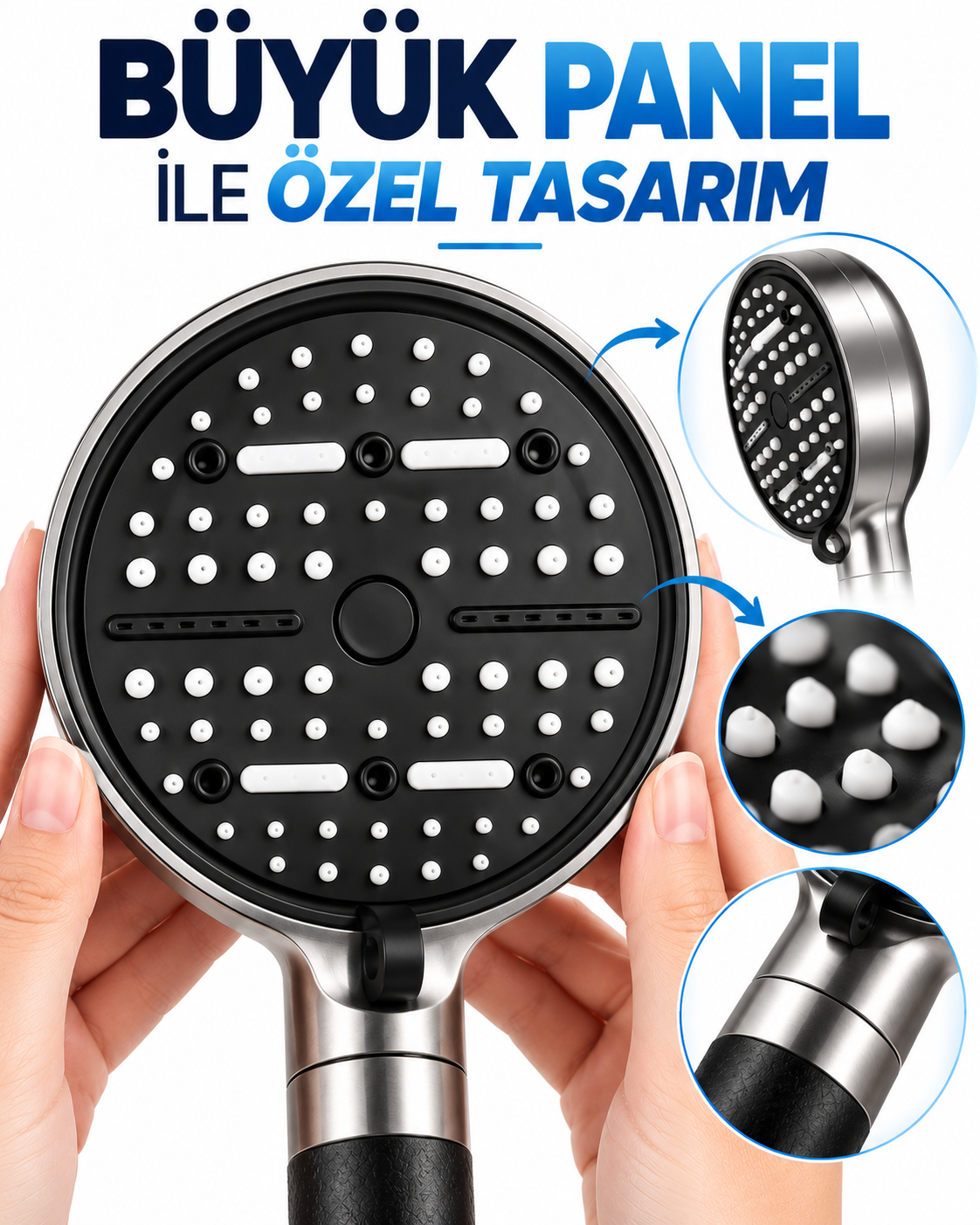 Büyük Panelli 6 Farklı Su Modlu Filtreli Duş Başlığı Siyah Metalik Tasarım