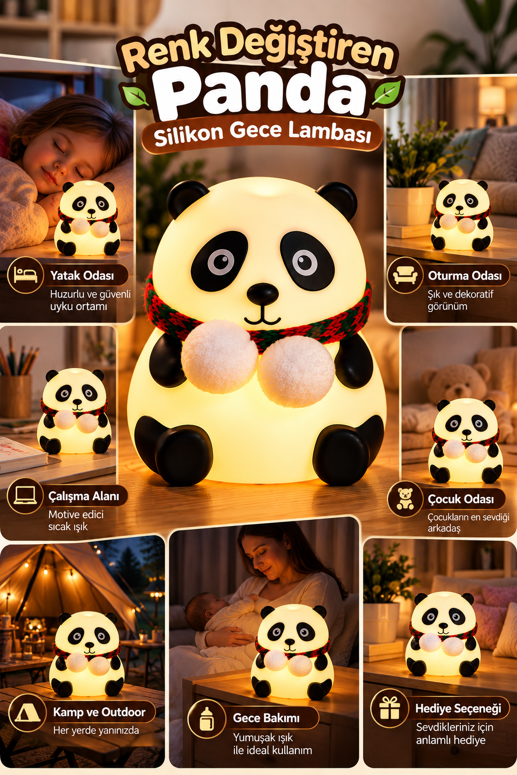 Renkli Işık Modlu Silikon Panda Gece Lambası Dokunmatik Kontrollü Sevimli Dekoratif