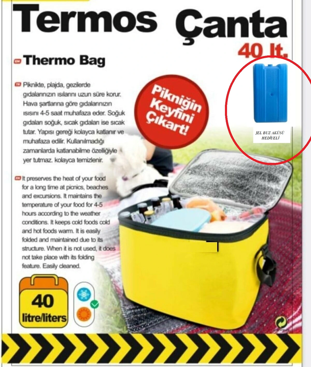 Termos Çanta - Piknik Çantası Buz Aküsü Hediyeli 40lt