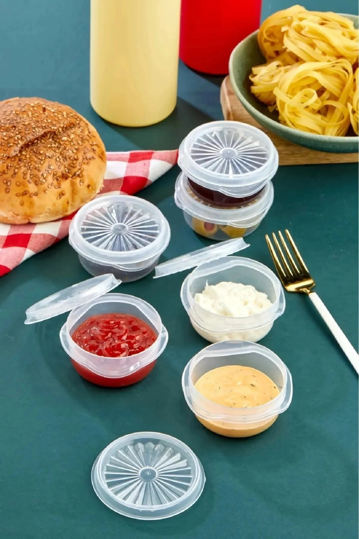 9 Lu Yelpaze Kapaklı Şeffaf Mini Sosluk - Ketçap Mayonez Kabı- Kahve Yanı Şeker Lokumluk