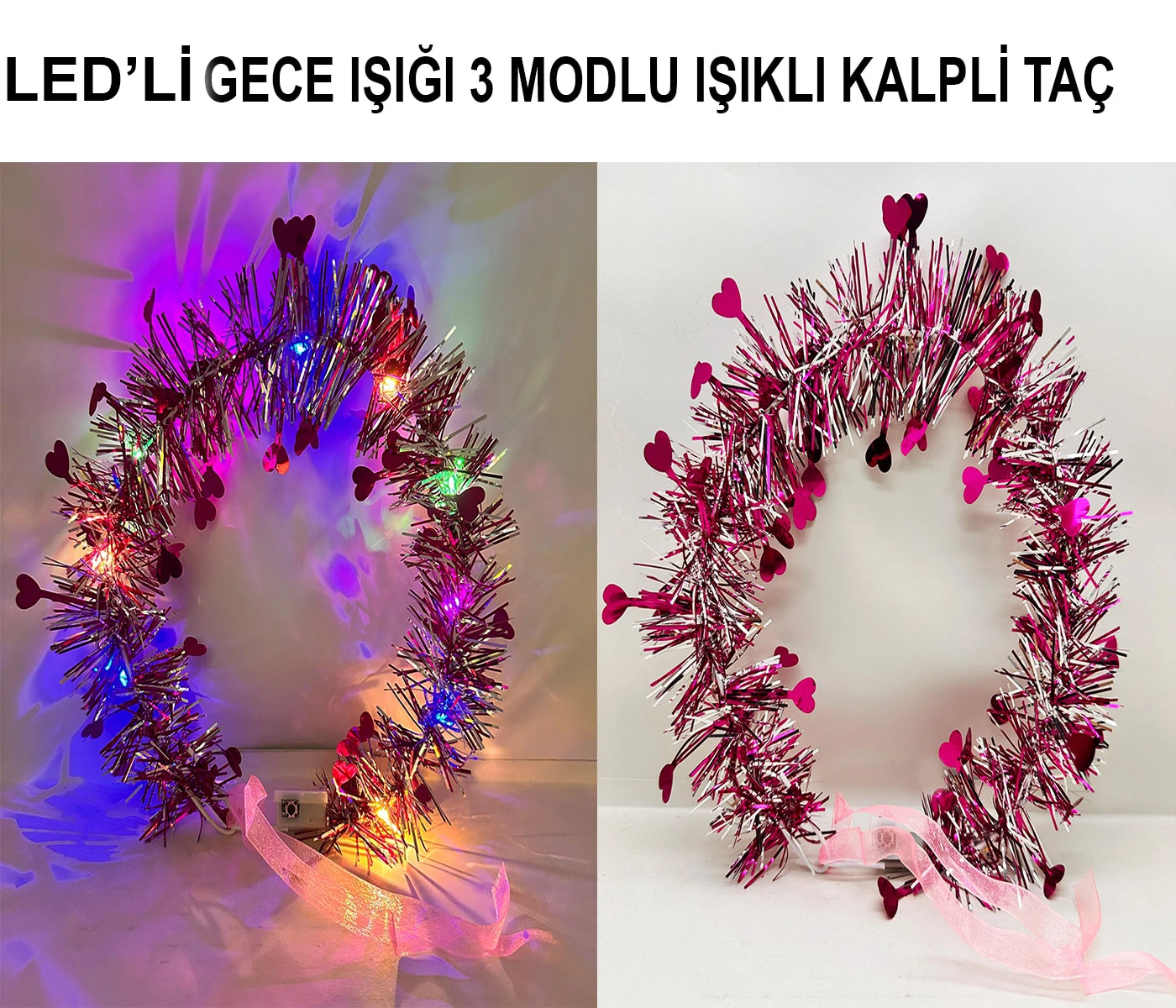 Kalp Püsküllü Gece Parıltısı 3 Modlu Led'li Işıklı Taç Fuşya Renk