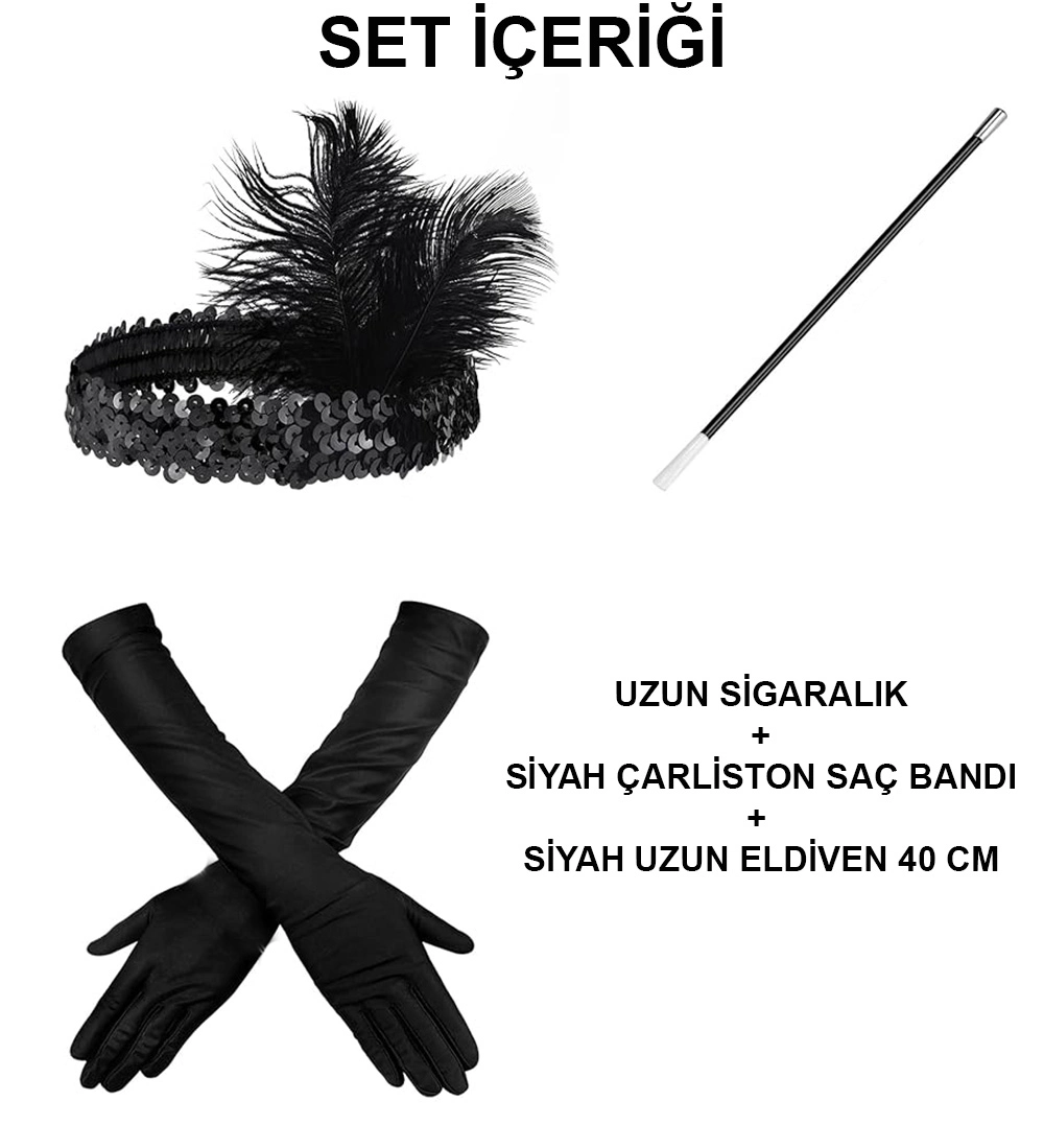 1920'ler Gatsby Aksesuar Seti – Siyah Charleston Saç Bandı, Uzun Eldiven & Sigaralık