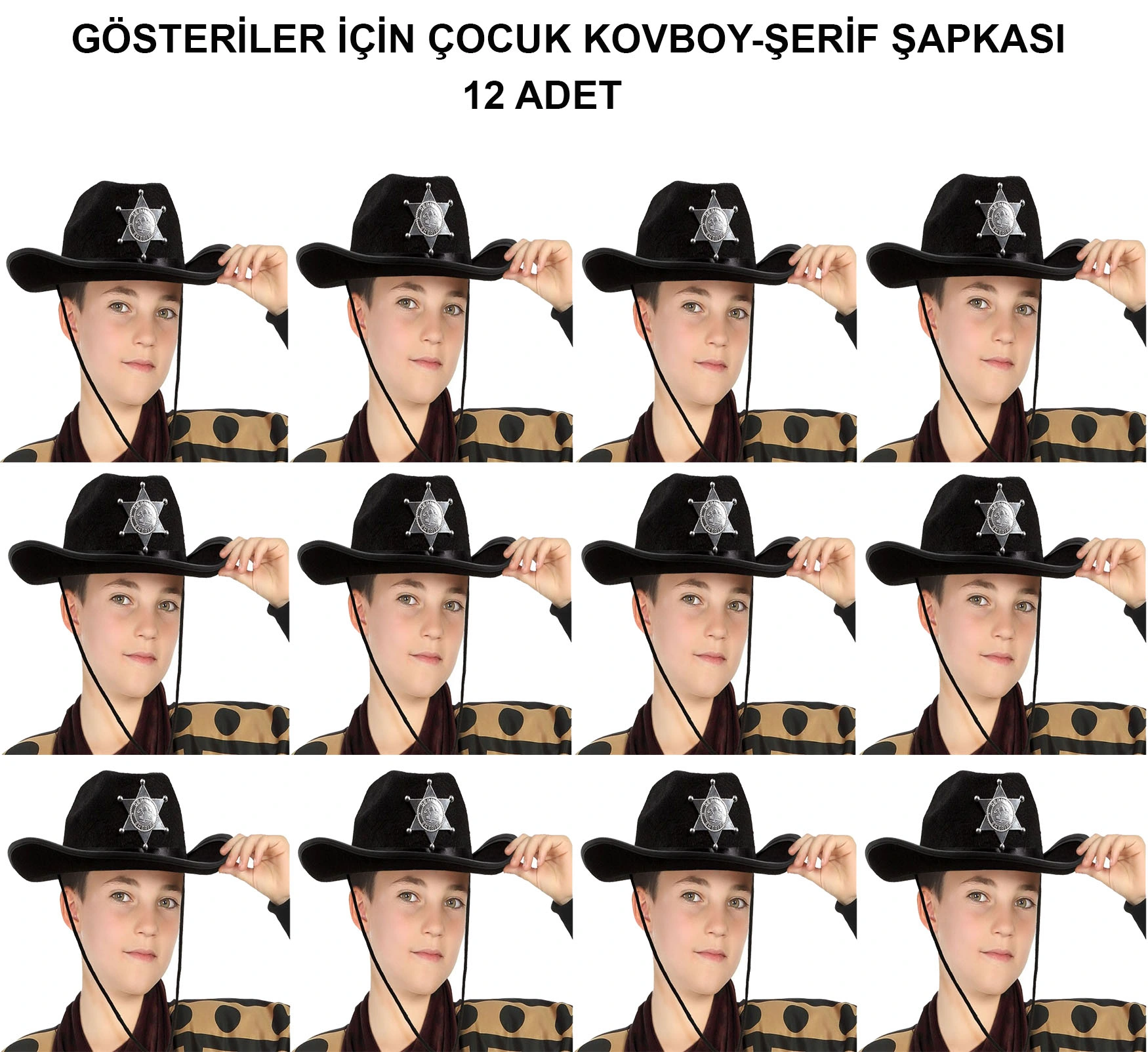Kovboy Şerif Şapkası Siyah 12 Adet - Kostüm, Parti Ve Gösteri Şapkası