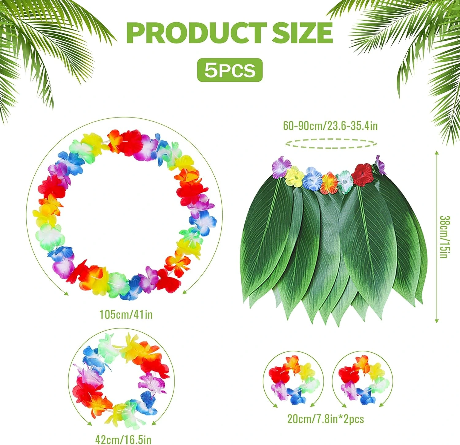 Çocuk Hawaii Kostüm Seti - Yaprak Etek & Hawaii Set - 5 Parça