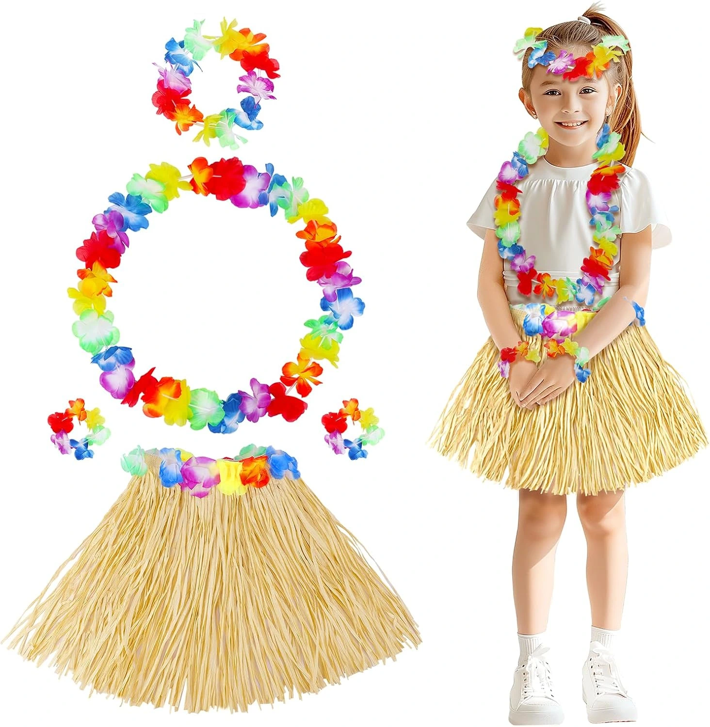 Yetişkin Çocuk Hawaii Parti Seti - 40 Cm Naturel Etek + Çiçek Aksesuarlar (5 Parça)