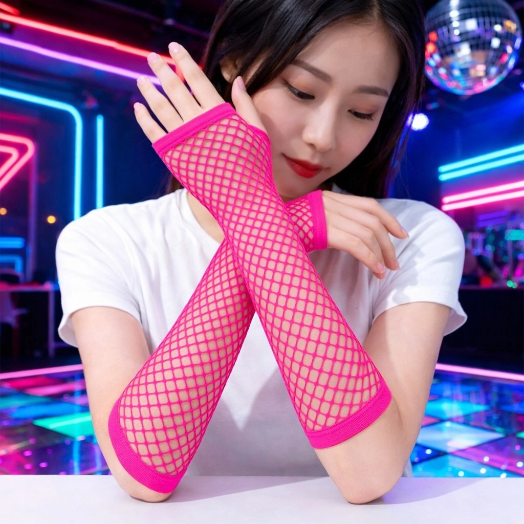 80’ler 90’lar Retro Neon Fuşya Şeker Pembesi File Parmaksız Eldiven 26 Cm