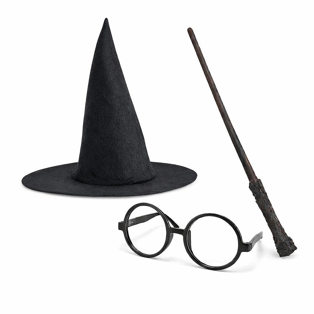 Harry Potter Tarzı Çocuk Seti (siyah Keçe Şapka, Asa, Gözlük)