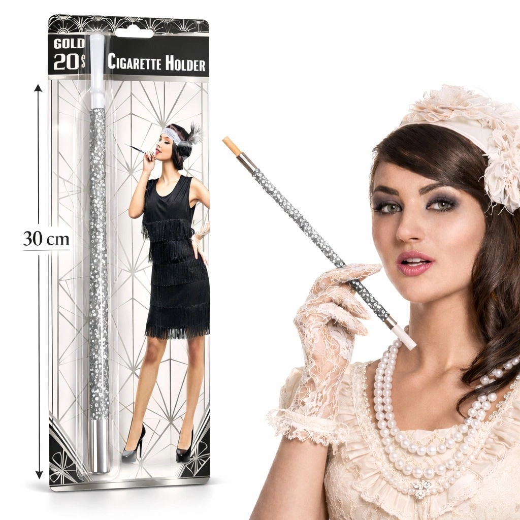 30 Cm Gümüş Payetli Sigara Tutacağı – 1920’ler Gatsby Parti Aksesuarı