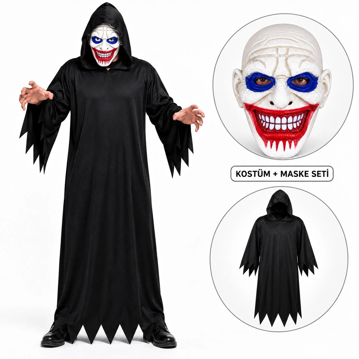 Mavi Gözlü Korku Maskesi Ve Siyah Kapüşonlu Kostüm Seti 140 Cm