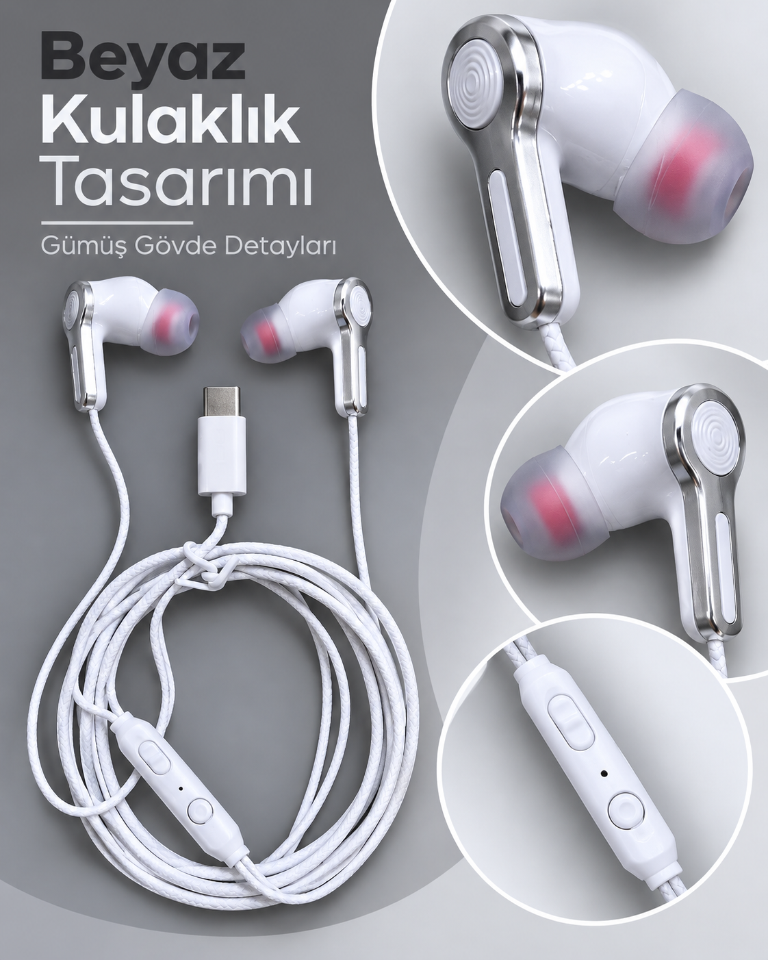 Type C Girişli Mikrofonlu Beyaz Kablolu Kulak İçi Kulaklık