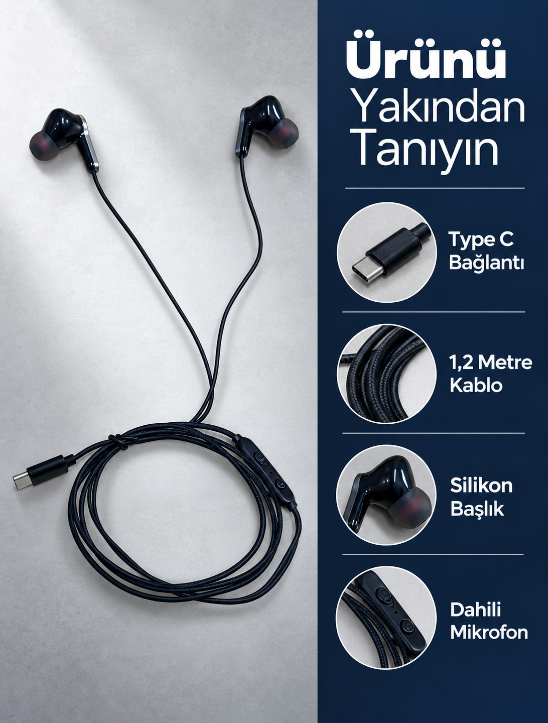 Silikon Uçlu Type C Kulaklık Dahili Mikrofon ve Kablo Üzeri Kumanda