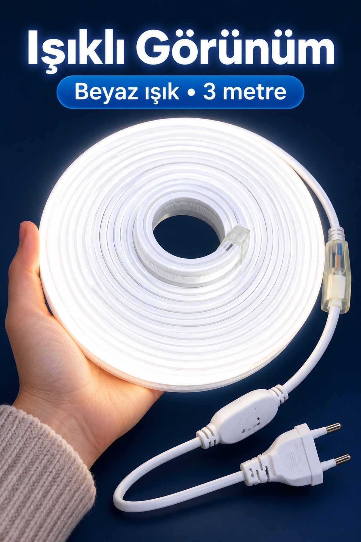 Beyaz Şerit Aydınlatma Kablolu Bağlantılı 3 Metre
