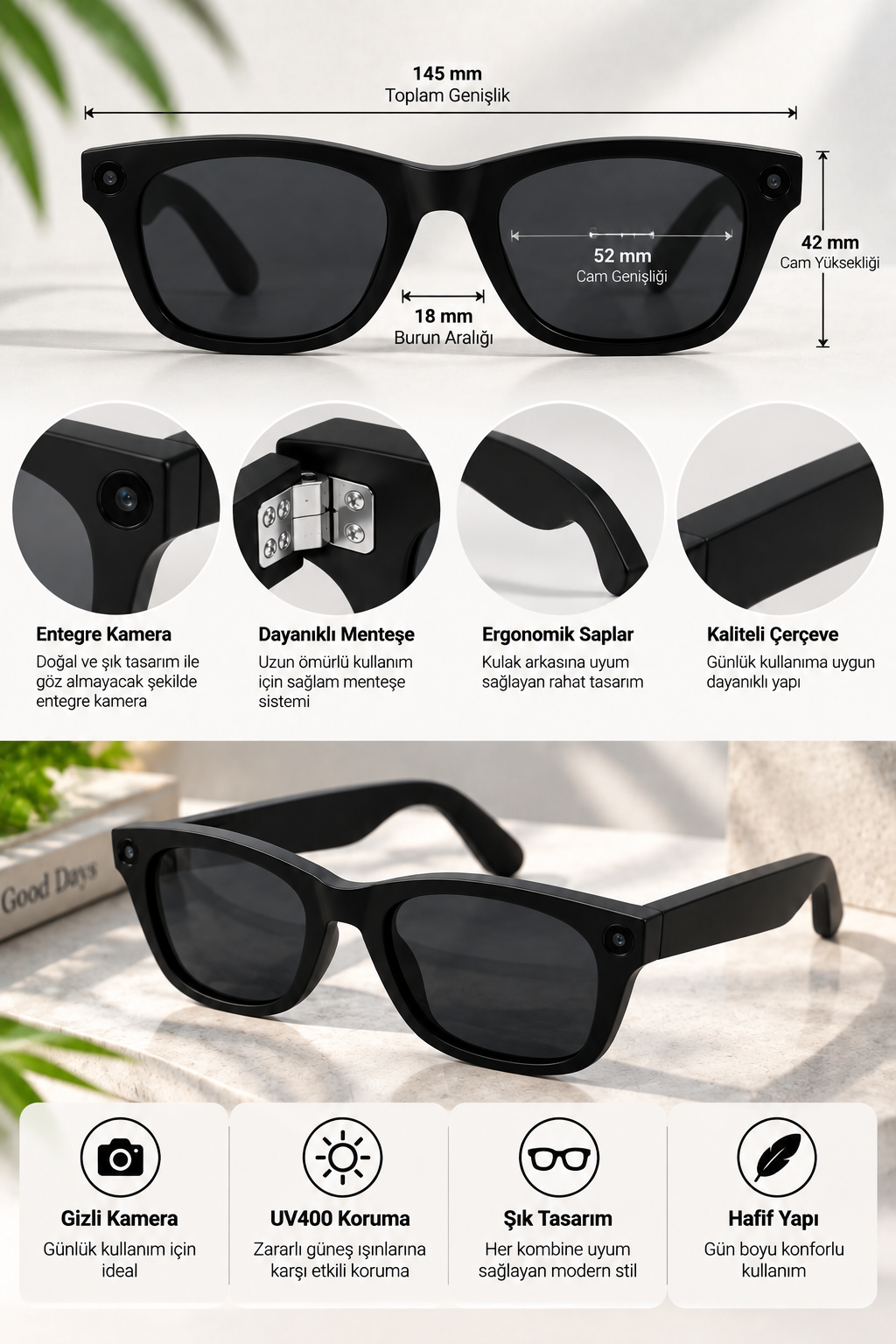 Kameralı Akıllı Gözlük Smart Glasses Güneş Gözlüğü Modern Siyah