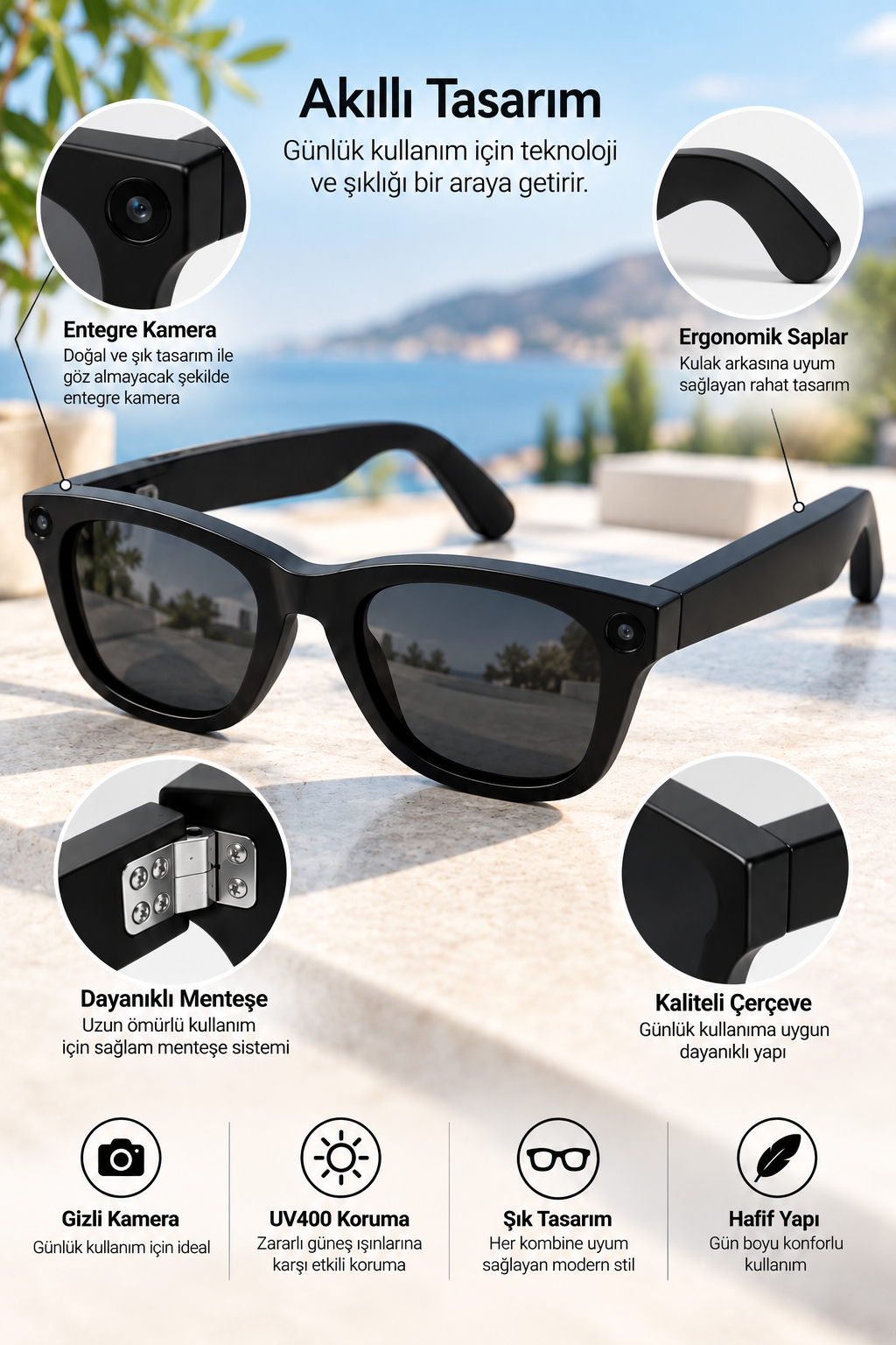 Kameralı Akıllı Gözlük Smart Glasses Güneş Gözlüğü Modern Siyah