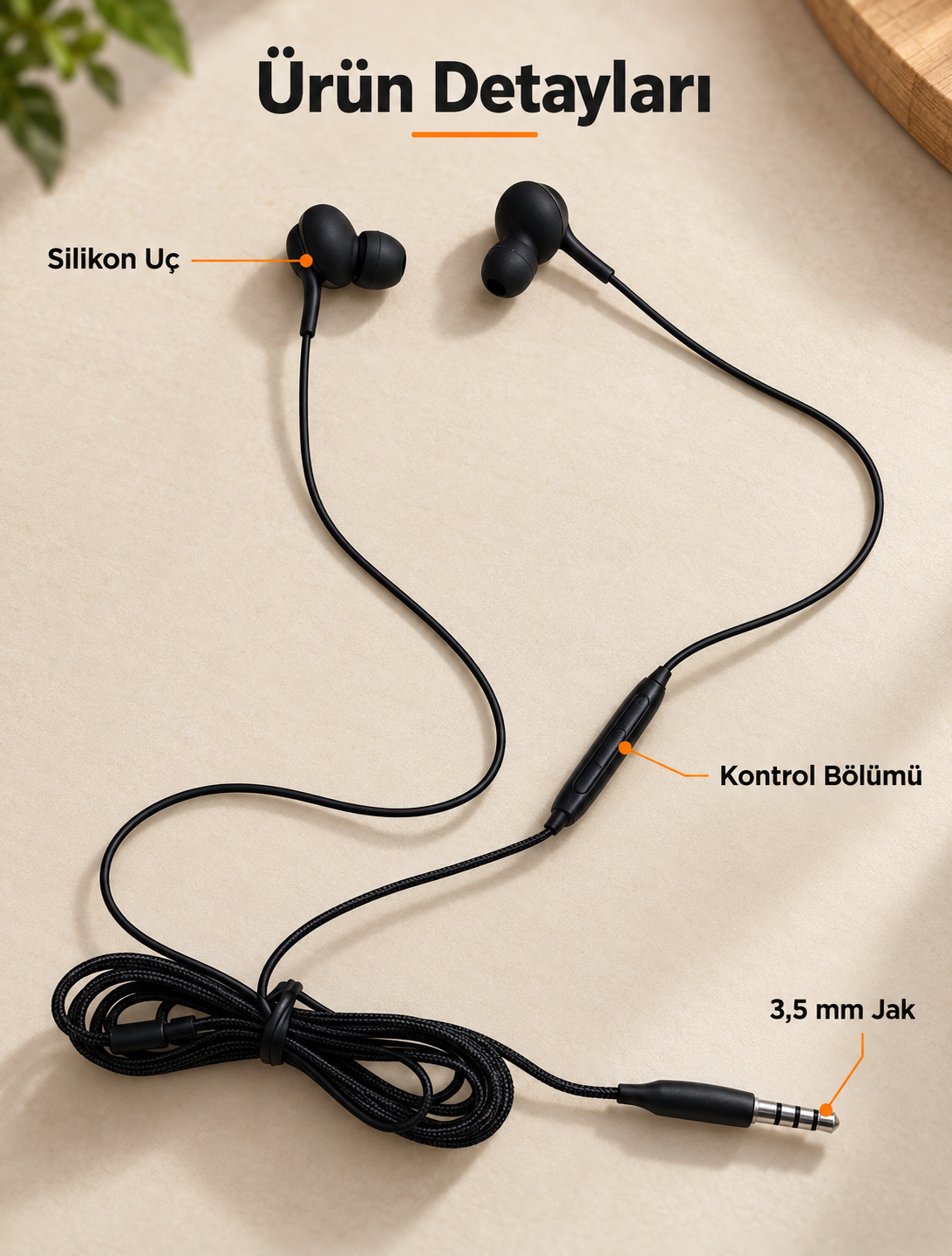Silikon Uçlu Mikrofonlu Siyah Kablolu Kulak İçi Kulaklık