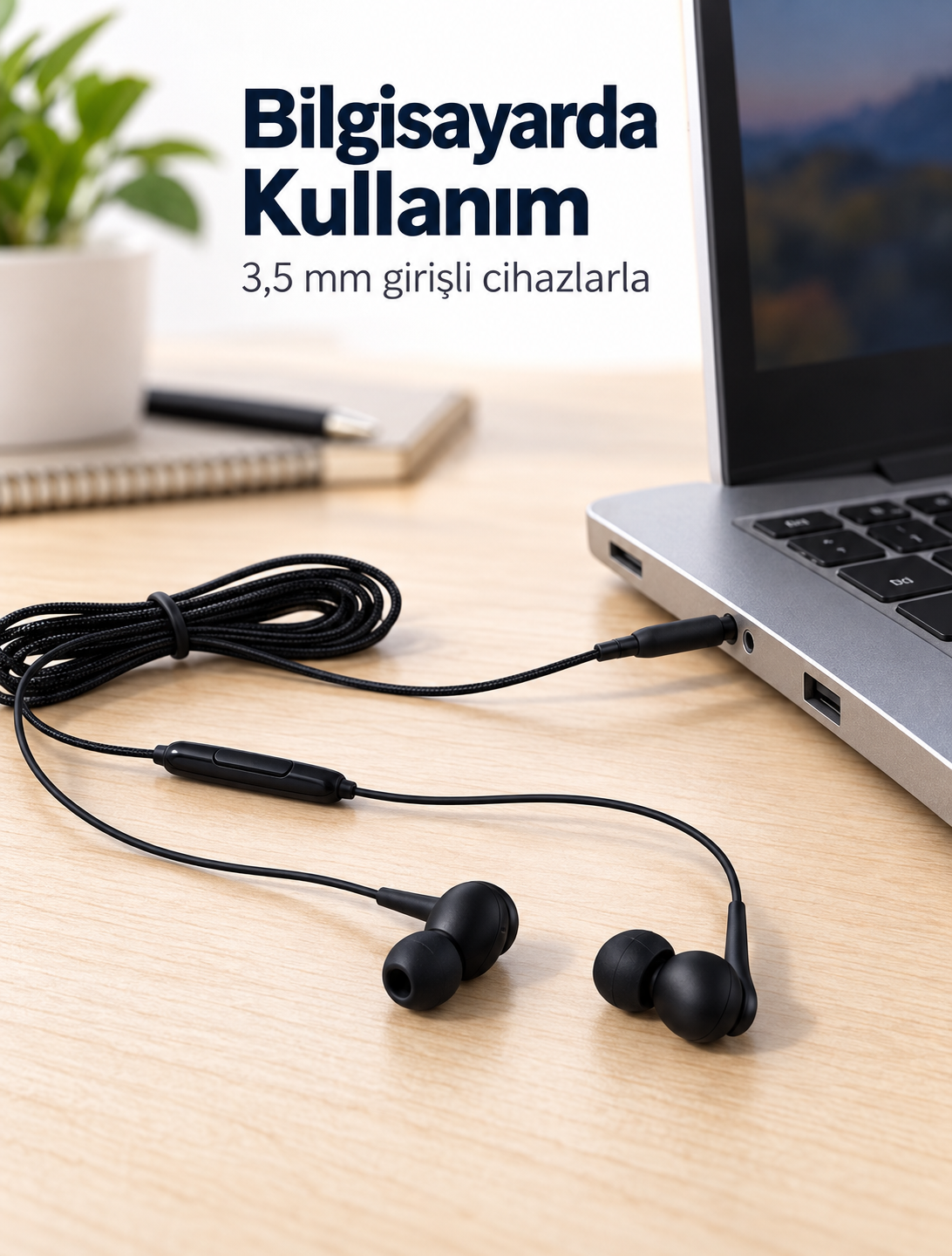 Silikon Uçlu Mikrofonlu Siyah Kablolu Kulak İçi Kulaklık