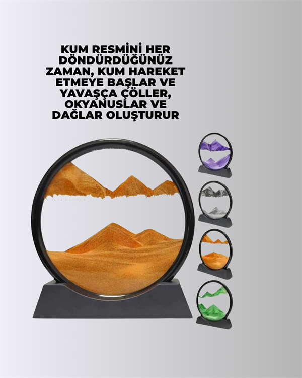 Rahatlatıcı Kum Sanatı – Yuvarlak Cam Çerçeveli Hareketli Kum Resmi, Ofis ve Ev İçin Etkileşimli Masaüstü Süs