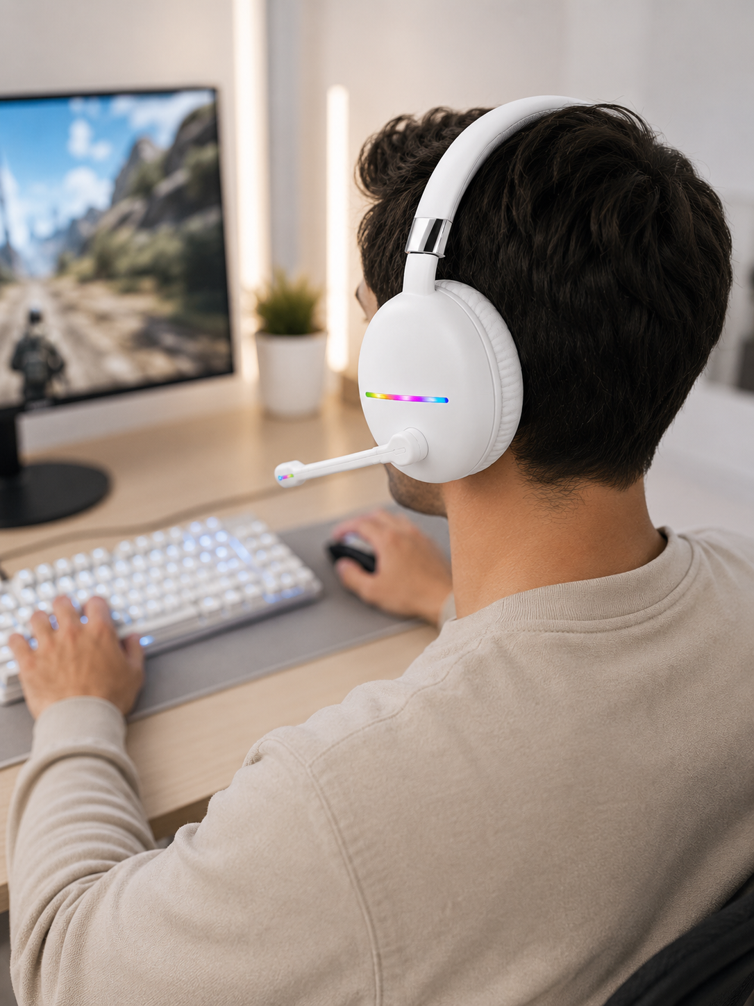 Bluetooth 5.0 Beyaz Kulak Üstü Kablosuz Kulaklık Mikrofonlu RGB Aydınlatmalı