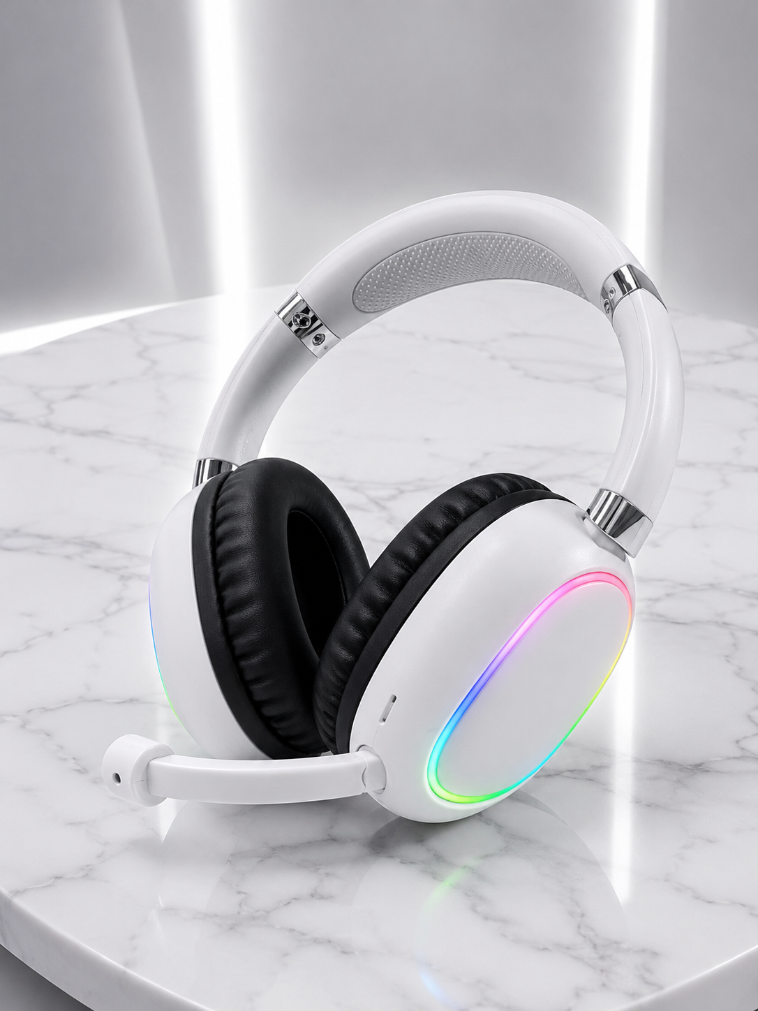 Beyaz Bluetooth 5.0 Mikrofonlu Kablosuz Kulak Üstü Kulaklık RGB Işıklı Type-C Şarjlı