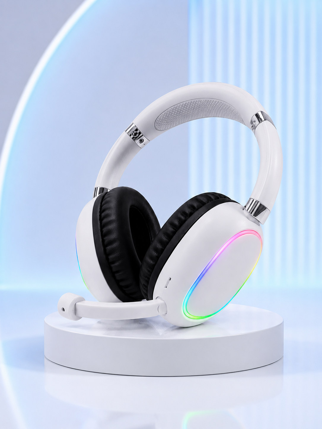 Beyaz Bluetooth 5.0 Mikrofonlu Kablosuz Kulak Üstü Kulaklık RGB Işıklı Type-C Şarjlı