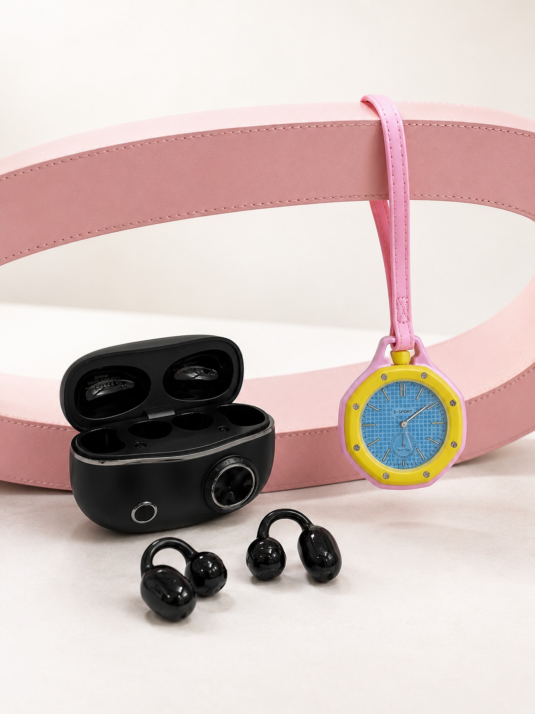 Kablosuz Kulaklık ve Pembe Askılı Çanta Charm Analog Saat Kampanya Seti