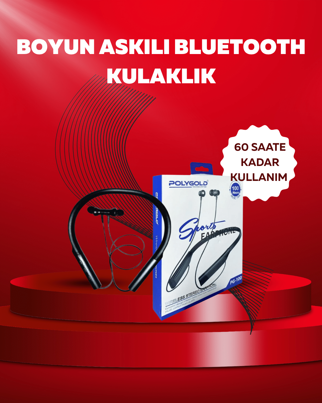 Polygold PG-100 Bluetooth 5.0 Boyun Bantlı Kulaklık – 50 Saat Konuşma Süresi, Type-C Şarj
