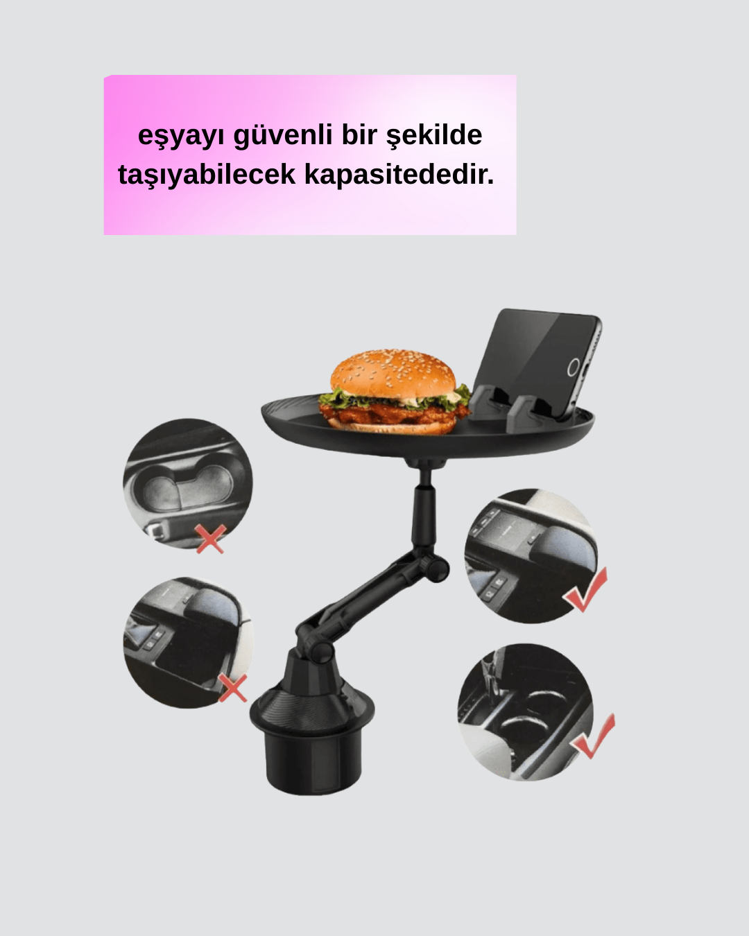 Araç Bardaklık Tepsisi 360° Dönebilen Kol Ayarlı Geniş Yemek Alanlı