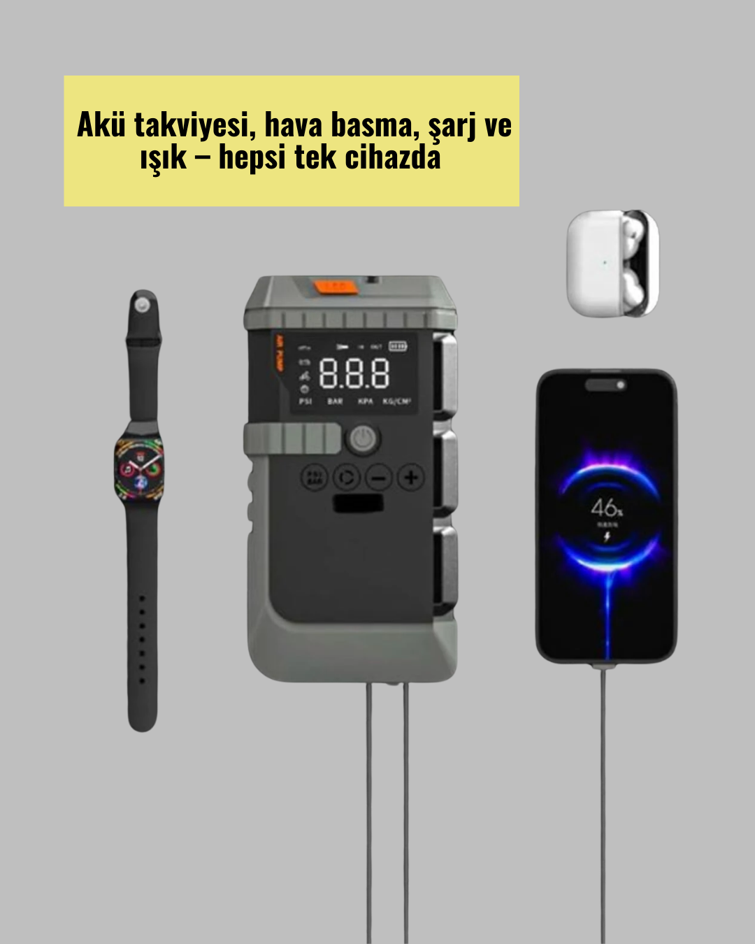 Taşınabilir Akü Takviye Cihazı Işıklı Hava Kompresörü Powerbank