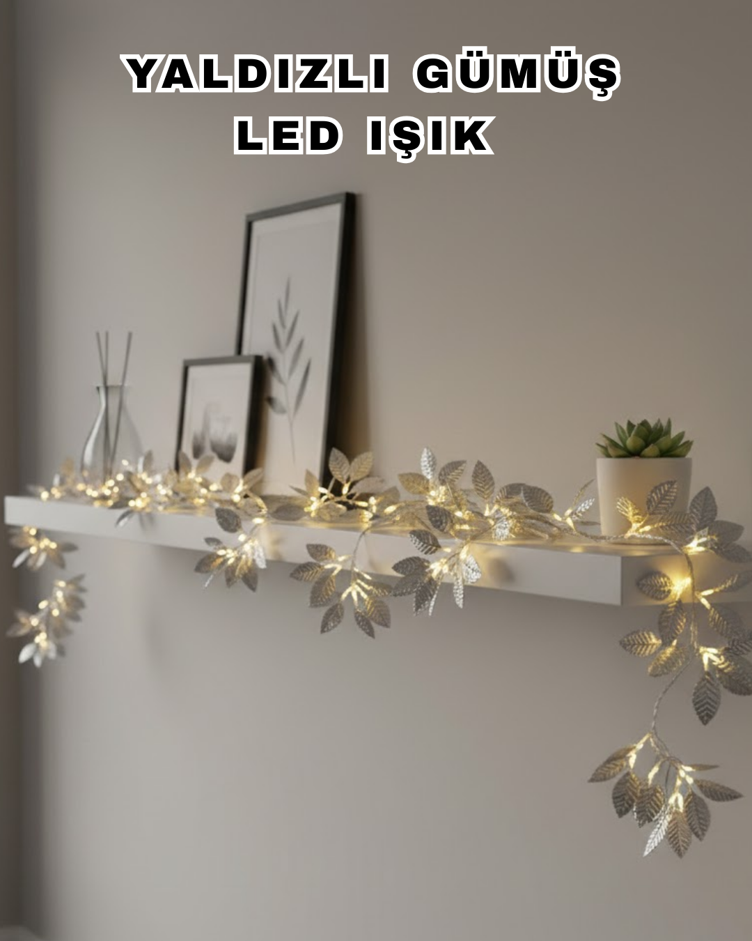 Yaldızlı Gümüş Yaprak LED Işık Pilli Dekoratif Ortam ve Yılbaşı Aydınlatması