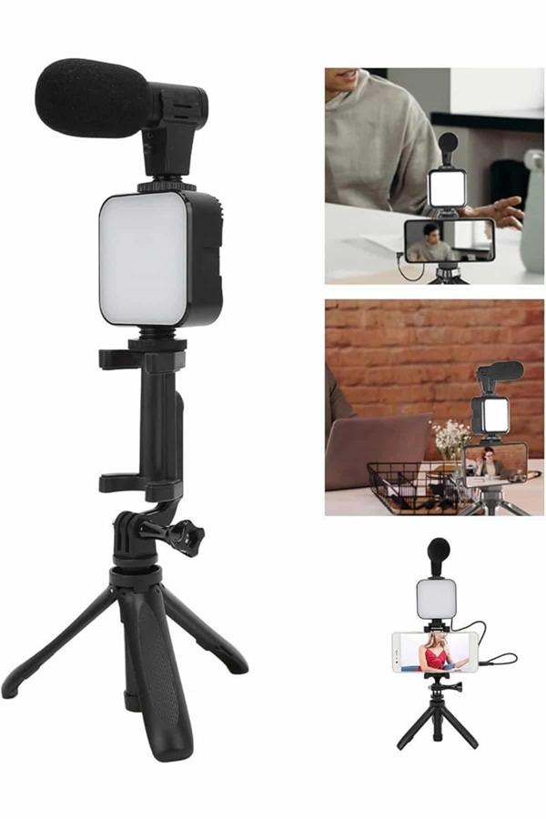 Tripod Telefon Tutucu Kumandalı Mikrofon Led Işık Vlog Video Kayıt