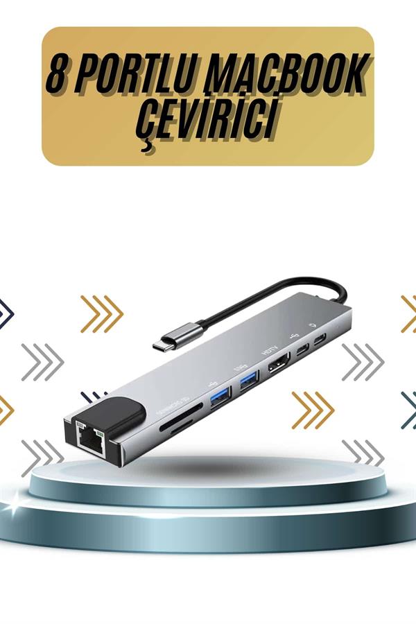 8 Portlu Macbook Çevirici Type C Hub  SD TF USB Çoğaltıcı Ethernet