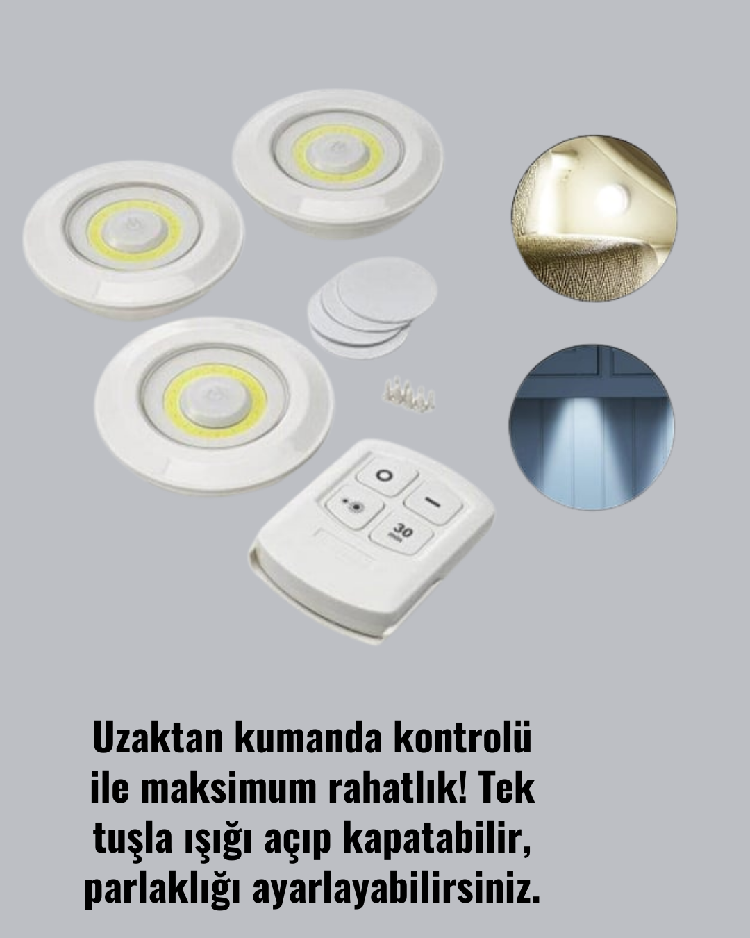 3 Lü Pilli Kablosuz Led Spot Lamba Seti Kumandalı Kolay Montaj Aydınlatma