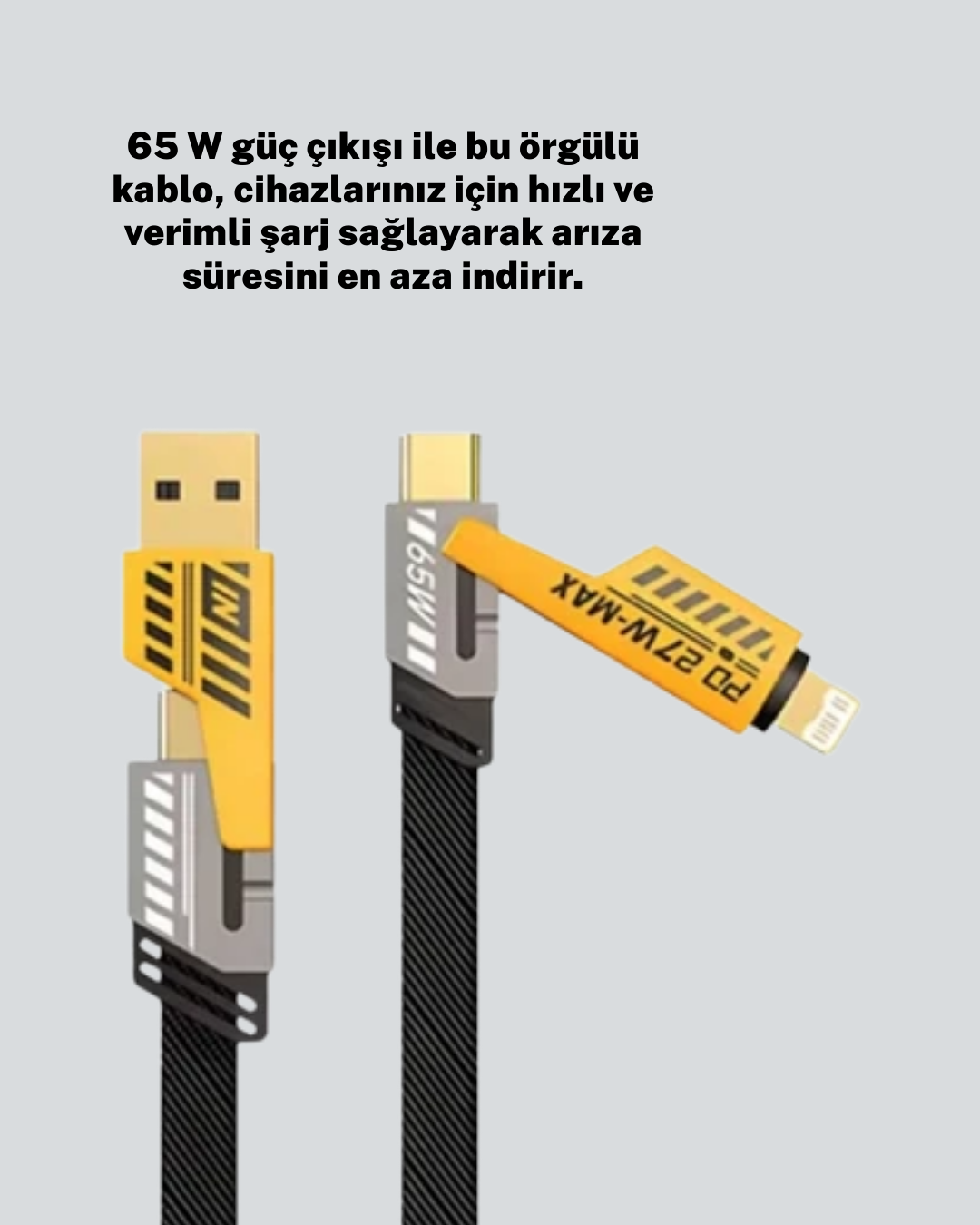 Yüksek Hızlı 65W Güç Çıkışlı Çoklu Cihaz Uyumlu Şarj Kablosu
