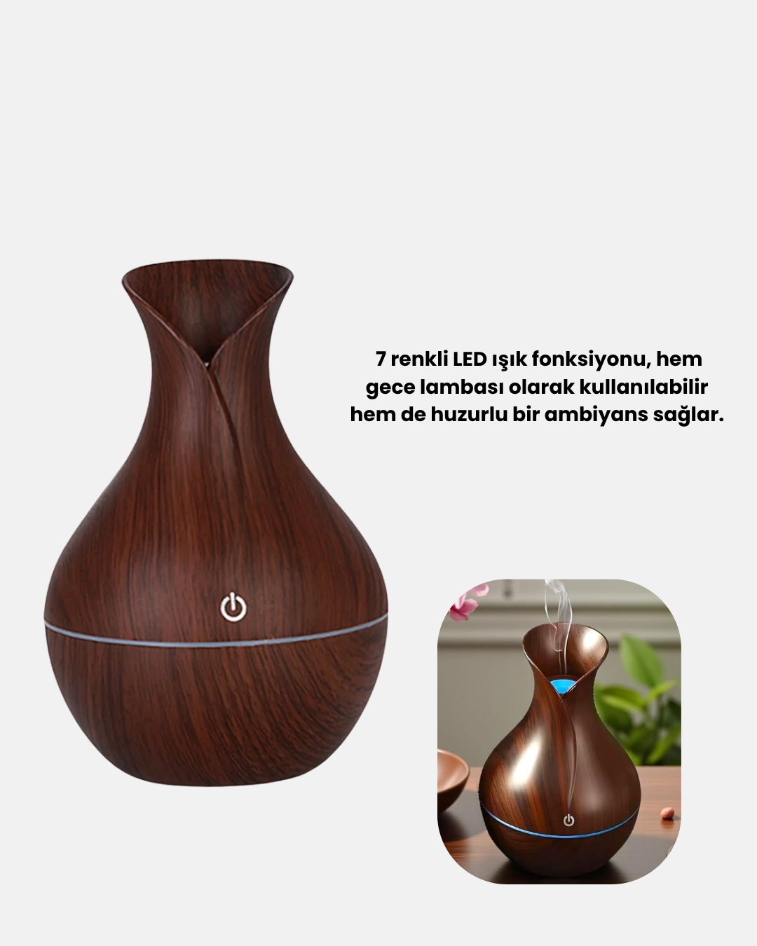 Ahşap Desenli Aromaterapi Difüzör 130 ml Ultrasonik ve 7 Renk LED Işıklı
