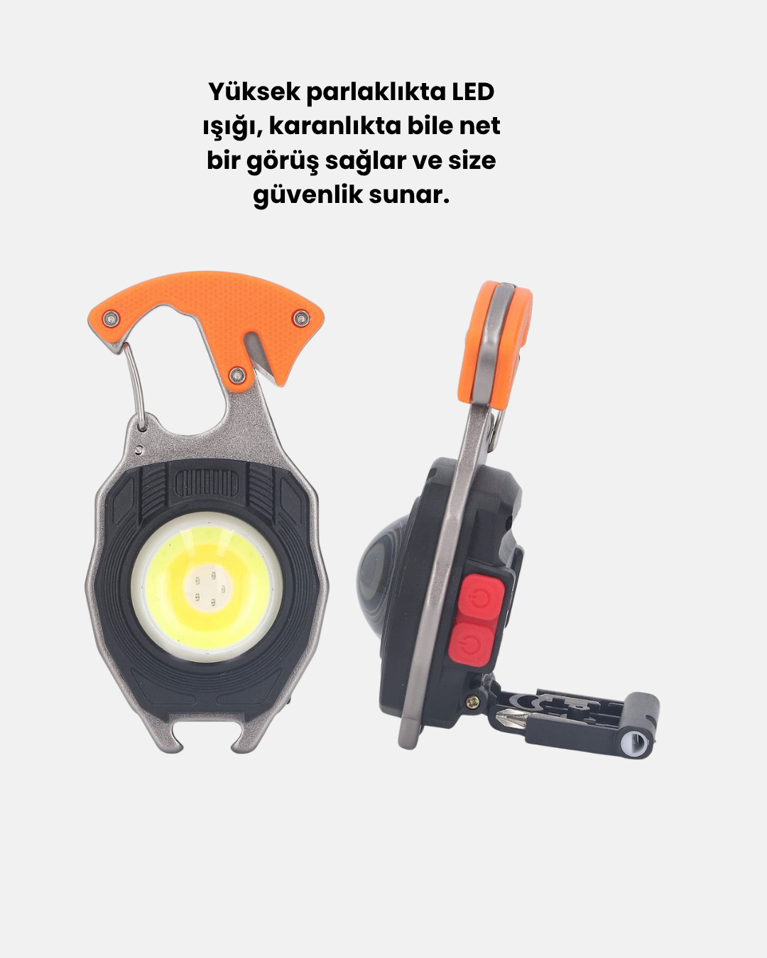 Mini LED Anahtarlık Fener – Şişe Açacağı, Tornavida, Düdük ve USB Şarj Özellikli