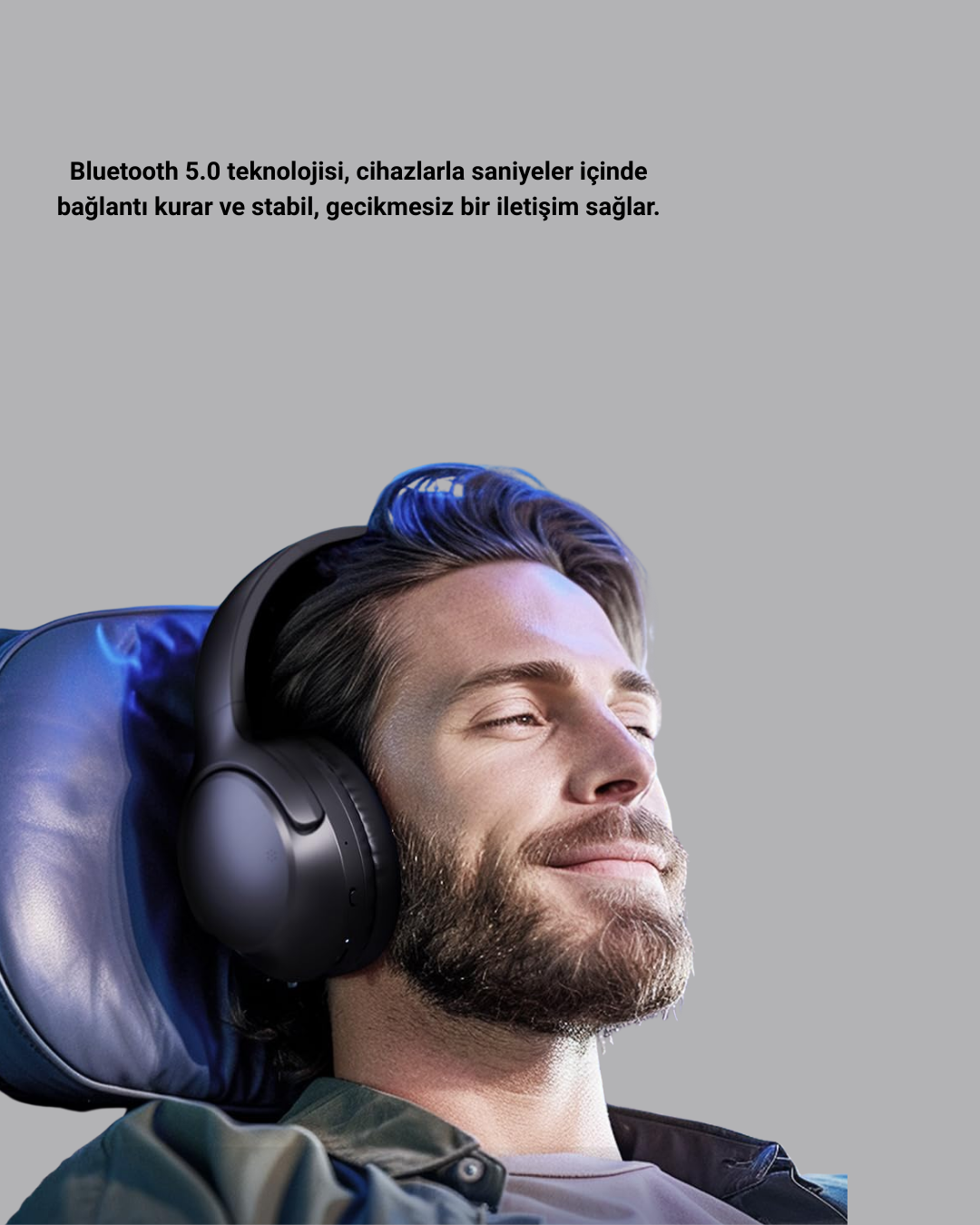 Bluetooth 5.0 Siyah Kablosuz Kulaklık 18 Saat Batarya Katlanabilir Tasarım Yeni Nesil