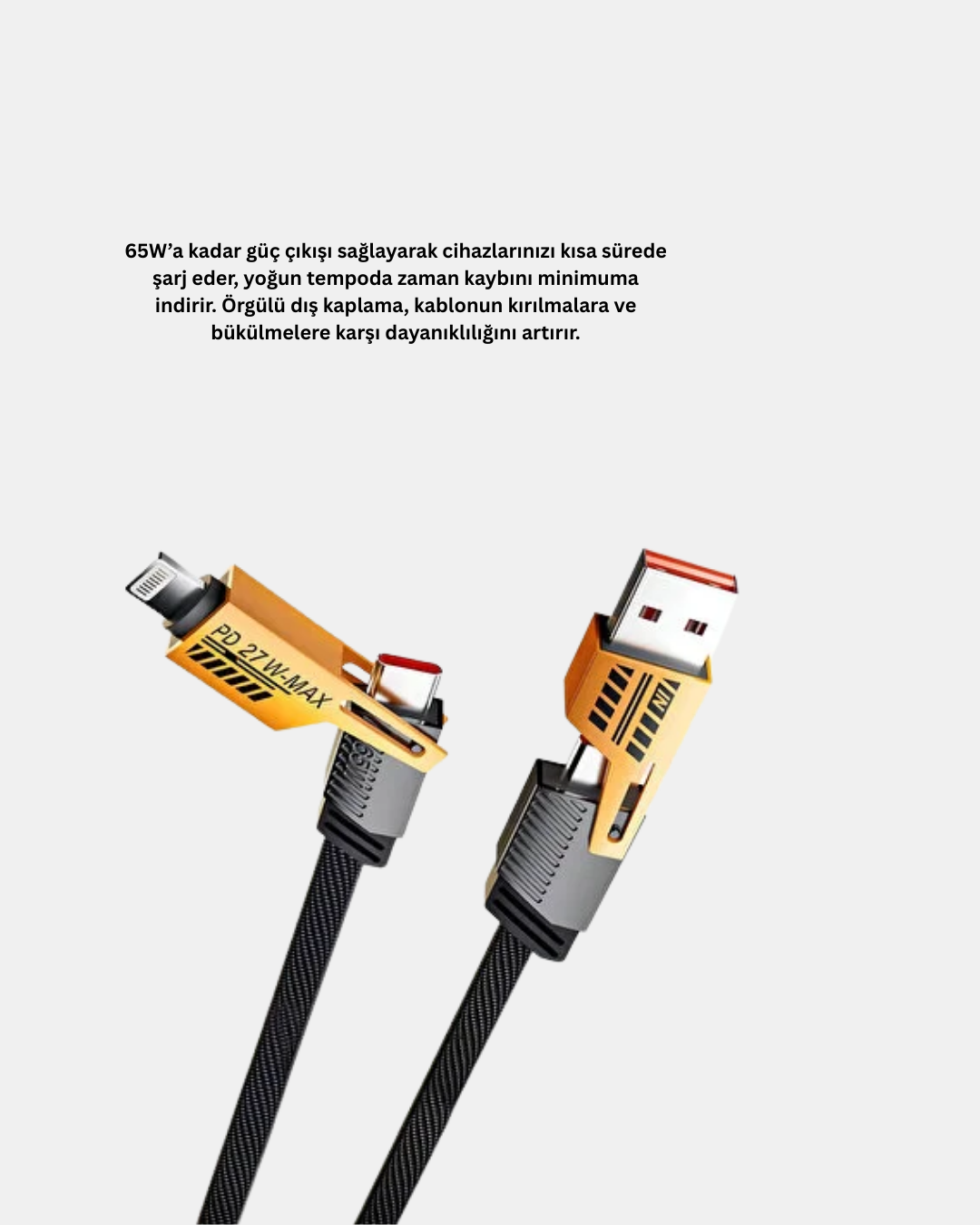 USB-C USB-A 4’ü 1 Arada Örgülü Kablo 65W Hızlı Şarj Metal Uç Dayanıklı