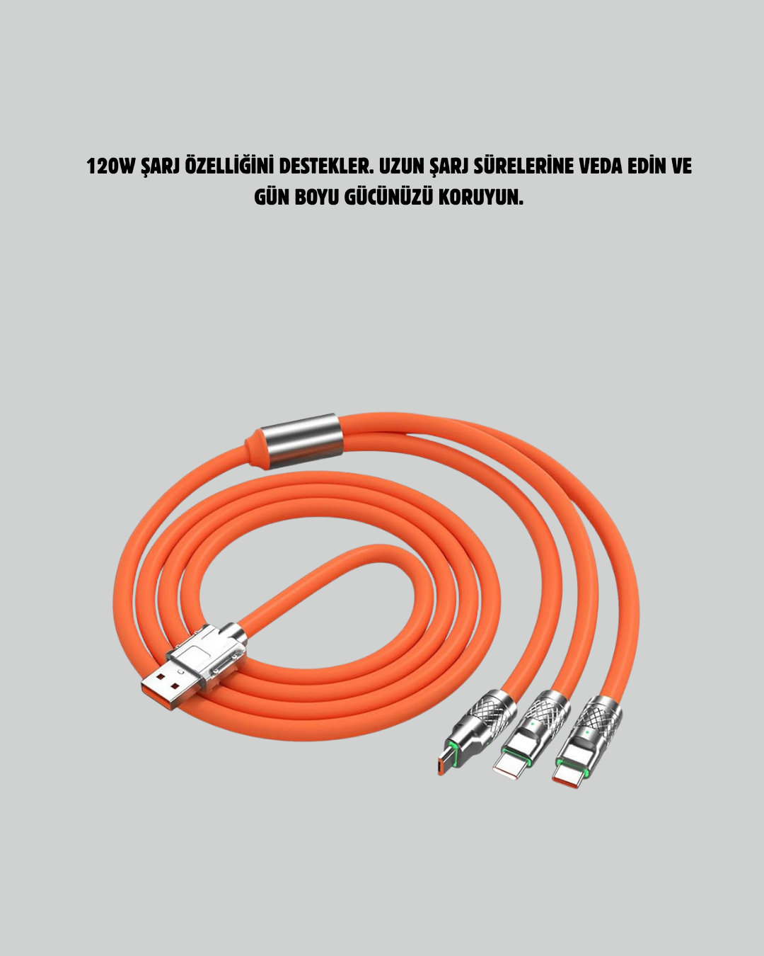 120W Şarj Destekli 3’ü 1 Arada Çoklu Şarj Kablosu – 1.2 Metre