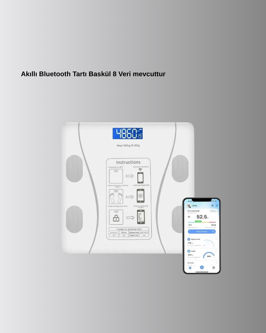 Bluetooth Akıllı Tartı – 8 Fonksiyonlu Dijital Baskül, 180 kg Kapasiteli