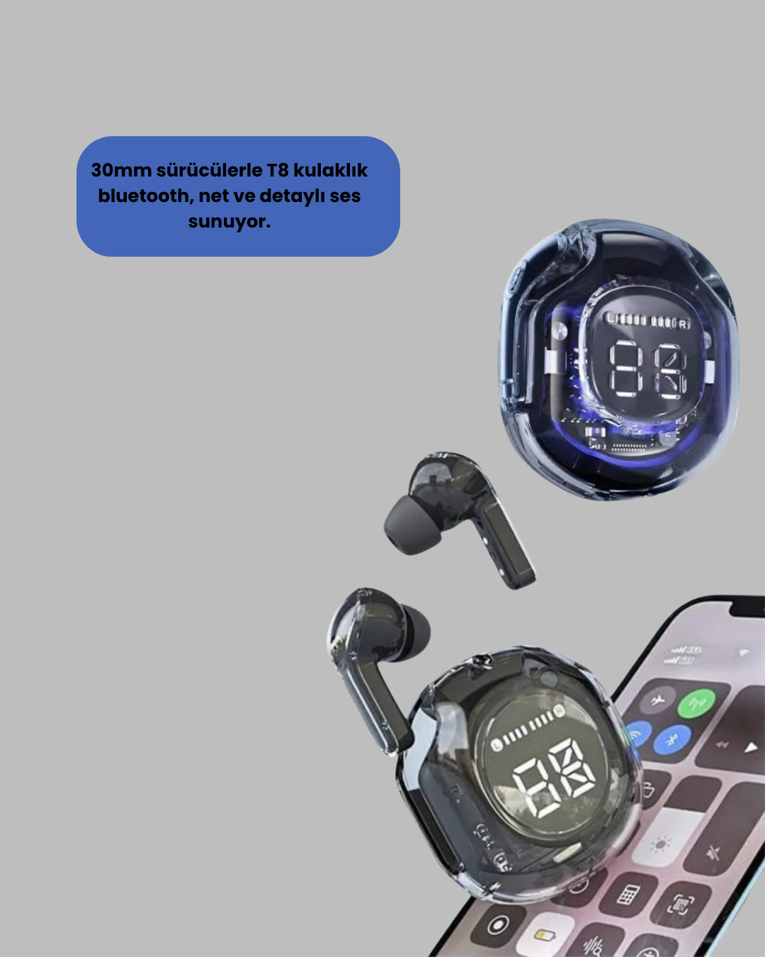 Bluetooth 5.3 Kablosuz Kulaklık 30mm Sürücü LED Ekranlı Mikrofonlu