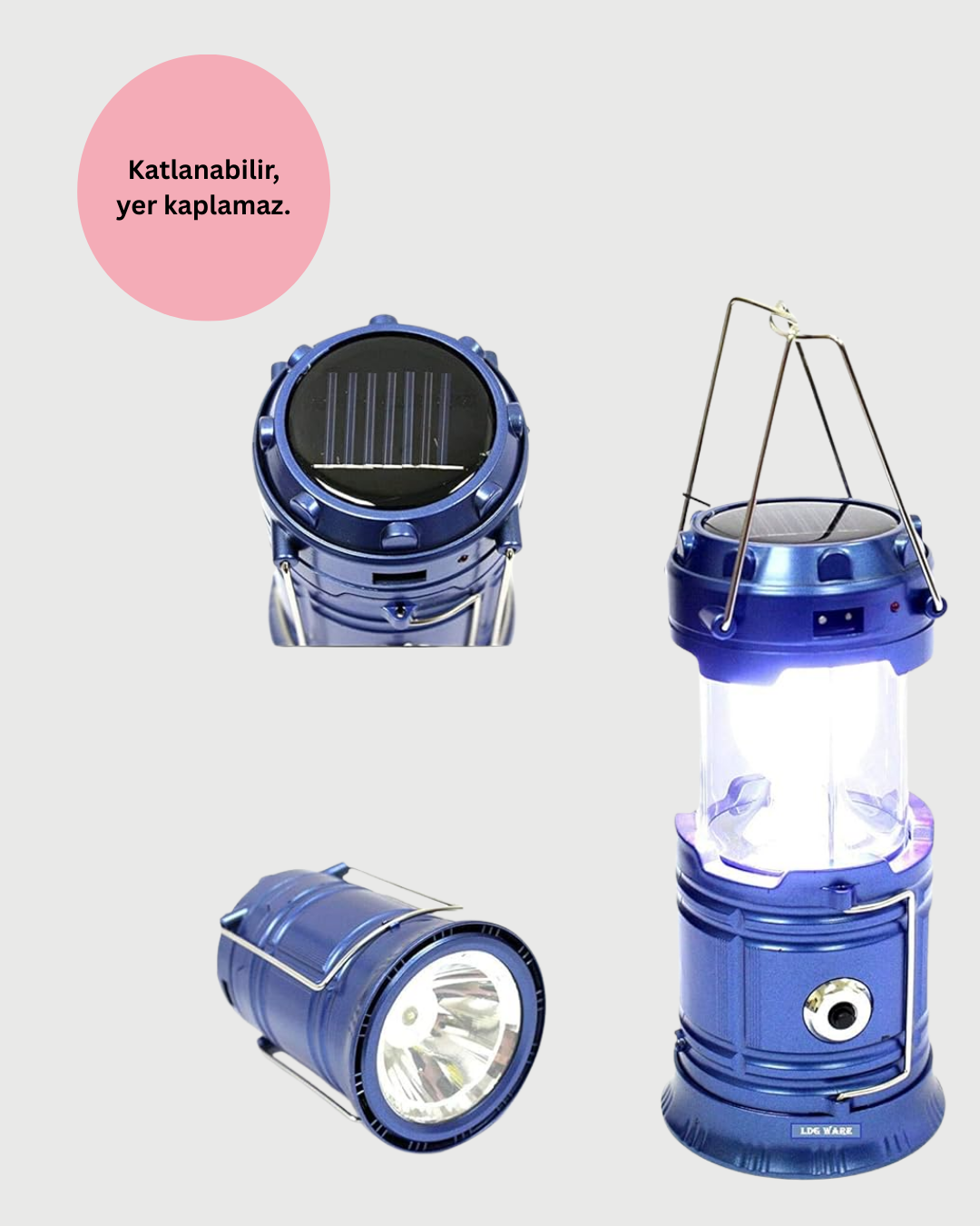 Güneş Enerjili Katlanabilir Kızaklı Kamp Feneri – USB Şarjlı, Çok Yönlü ve Dayanıklı Tasarım