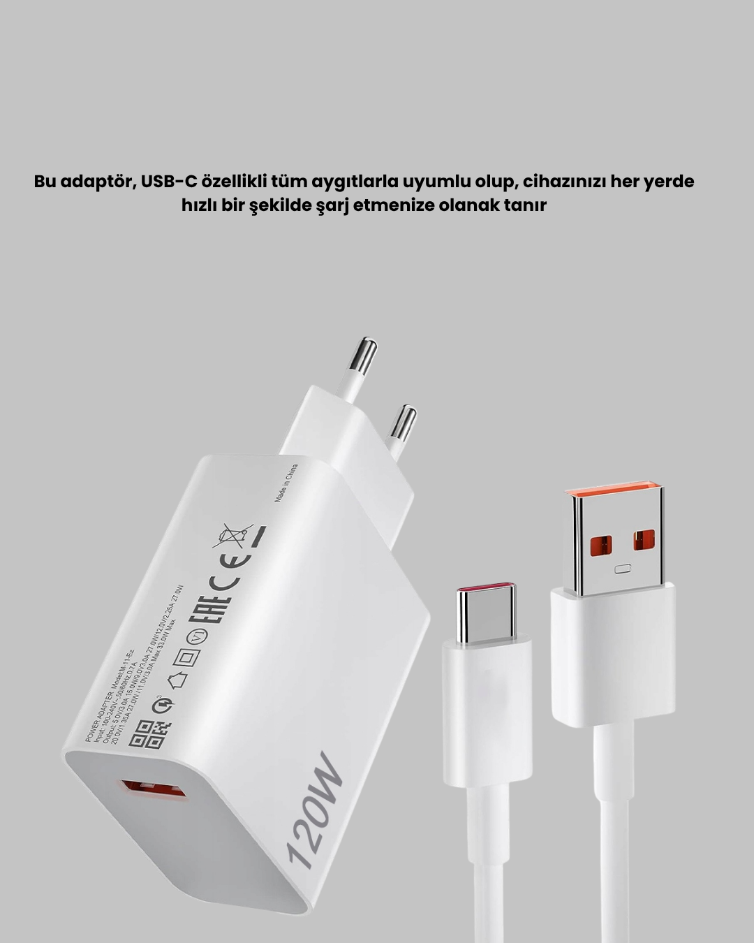 120W Hızlı Şarj Başlığı Ultra Güçlü Type-C Adaptör Kablo Dahil