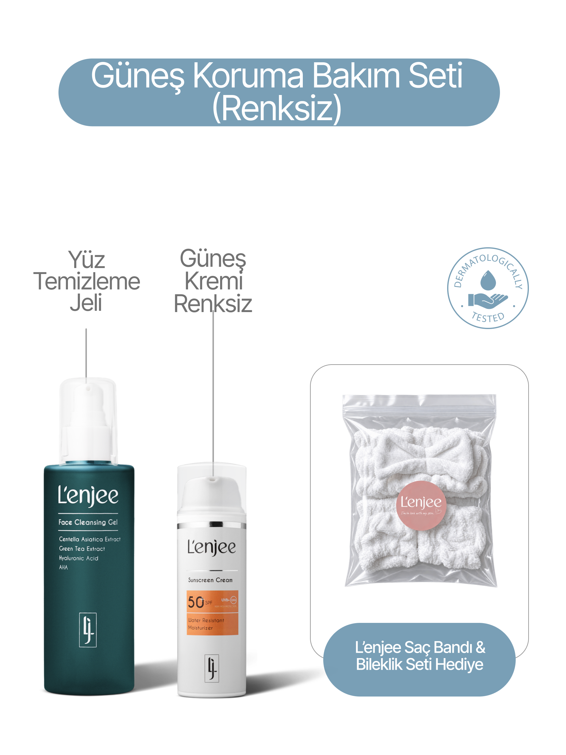 Güneş Koruma ve Aydınlatıcı Bakım Seti Renksiz - SPF 50 Güneş Kremi 50 ml ve Yüz Temizleme Jeli 200 ml - Saç Bandı & Bileklik Seti Hediye