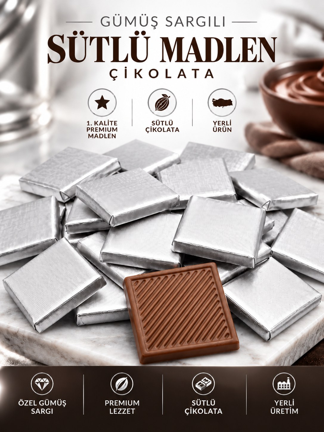 MUVI CHOCO GÜMÜŞ SARGILI SÜTLÜ MADLEN ÇİKOLATA 1 KG